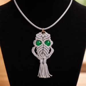 Collar búho color gris claro tejido en Macrame